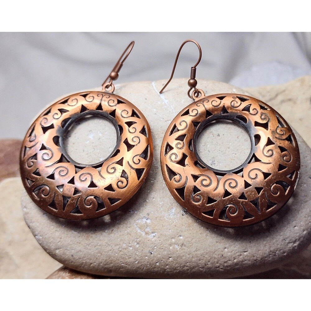Vintage Copper Scroll Puffy Hoop Dangle Earrings